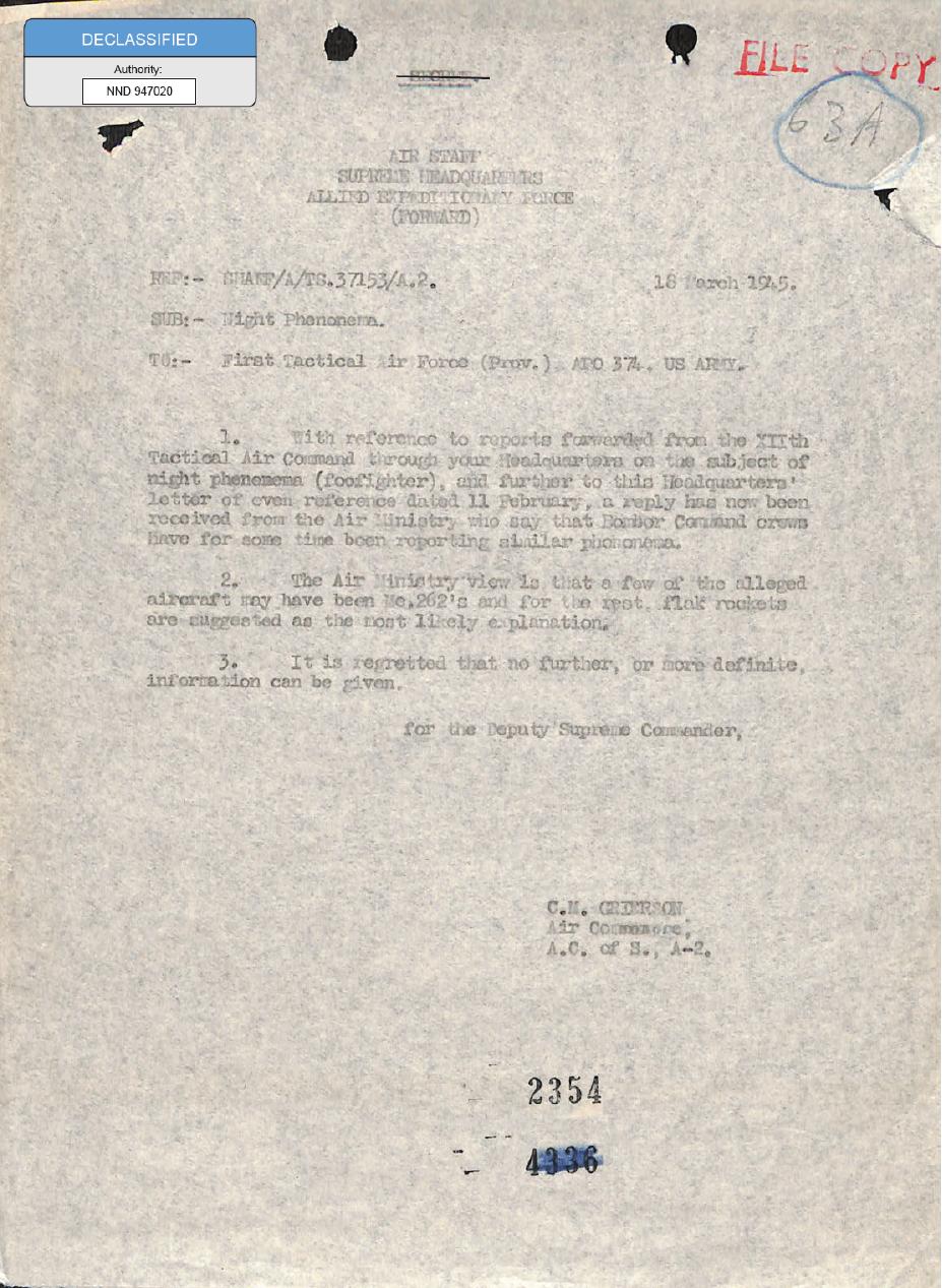Derived official PDF page 1: SHAEF memo on night phenomena