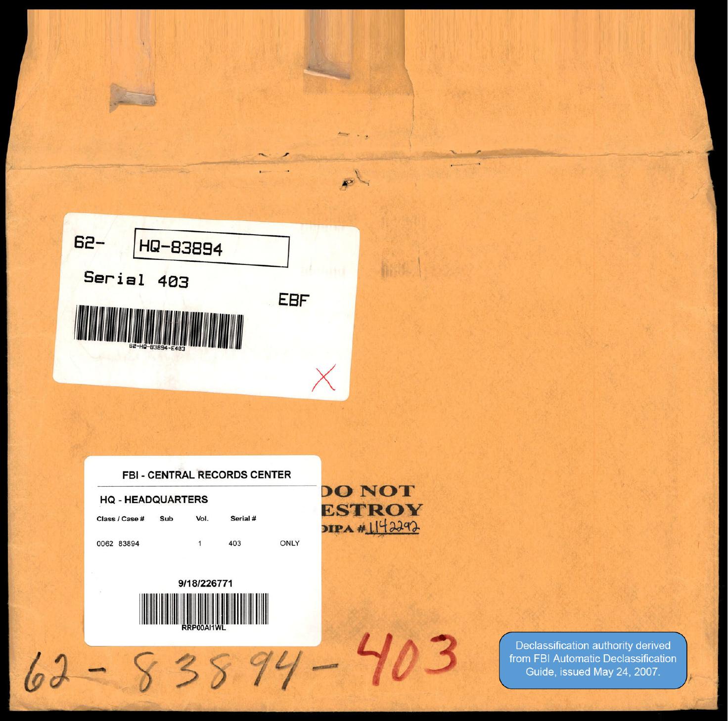 Derived page render from official PDF: FBI Central Records Center cover for Serial 403