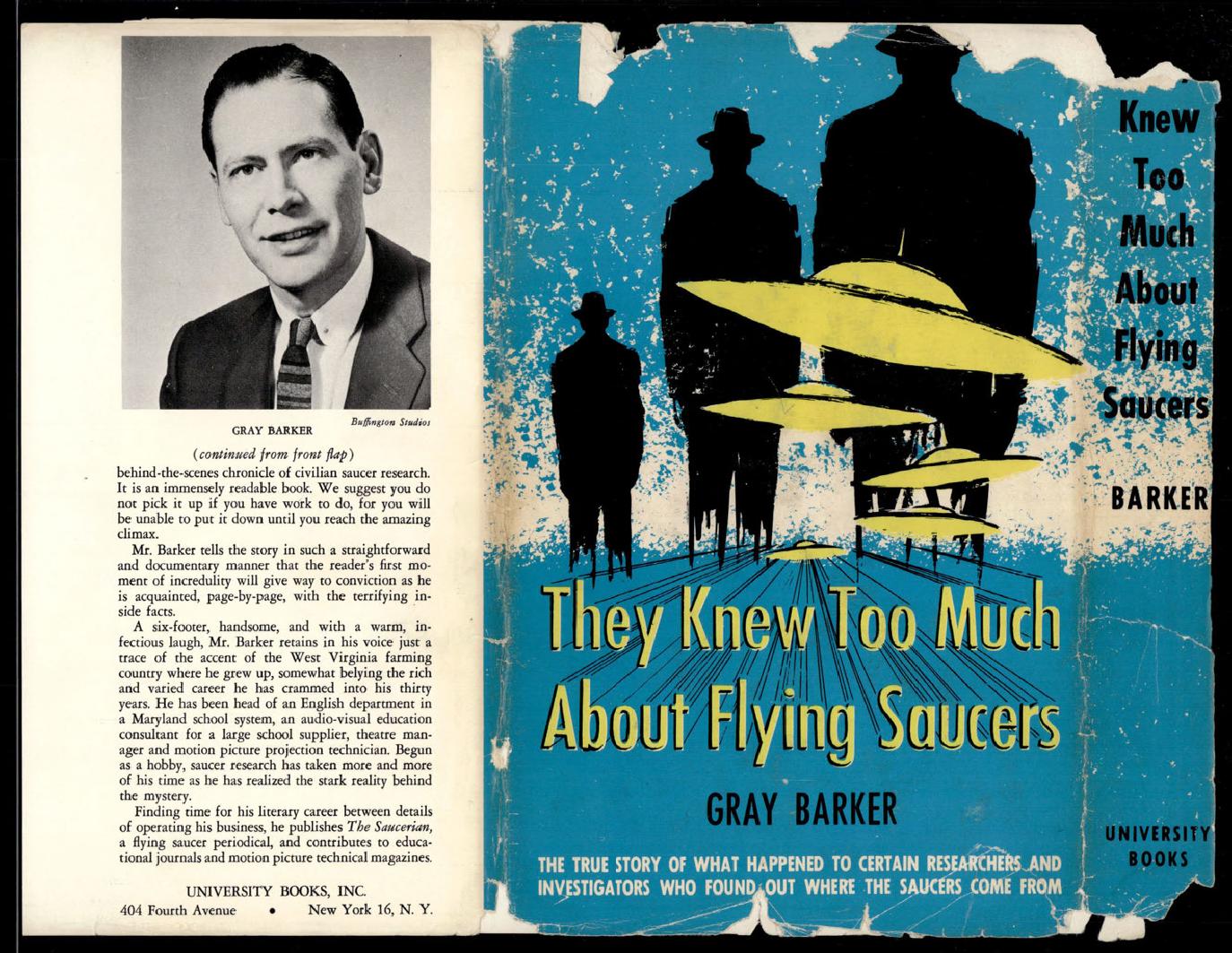 Derived page render from official PDF: Gray Barker author portrait, back flap, spine, and cover continuation