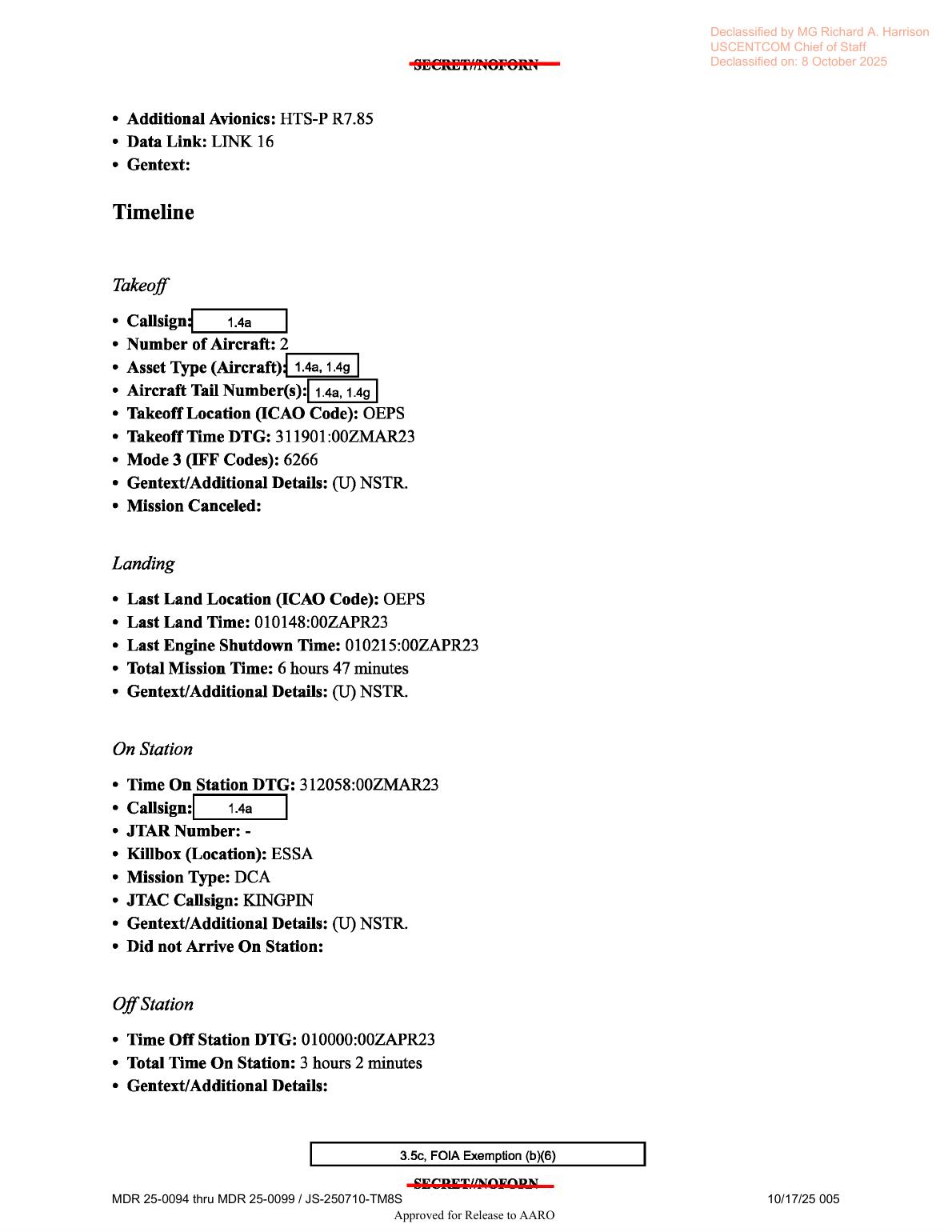 Derived page render from the official D20 PDF, page 5: takeoff, landing, on-station, and off-station fields