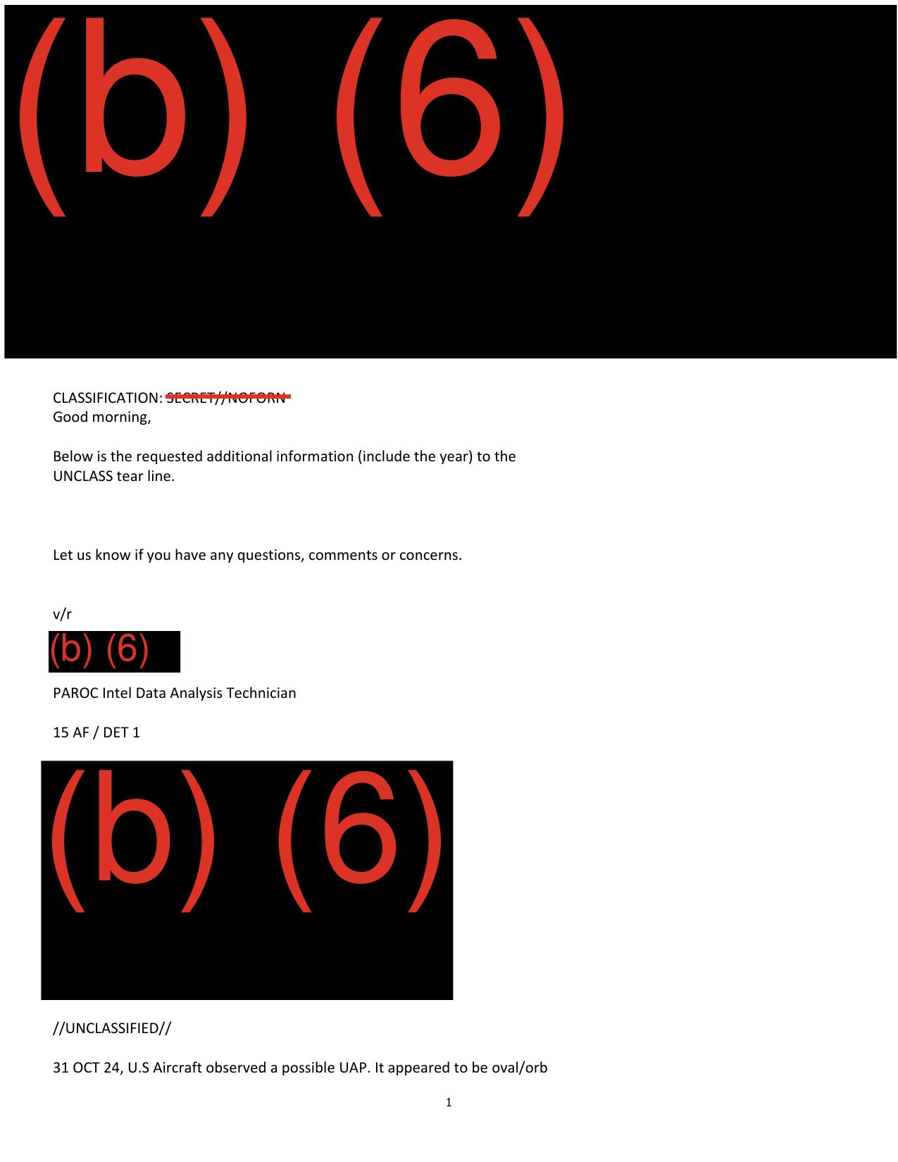 Derived page render from the official D52 PDF, page 1: email note and beginning of the unclassified tearline.