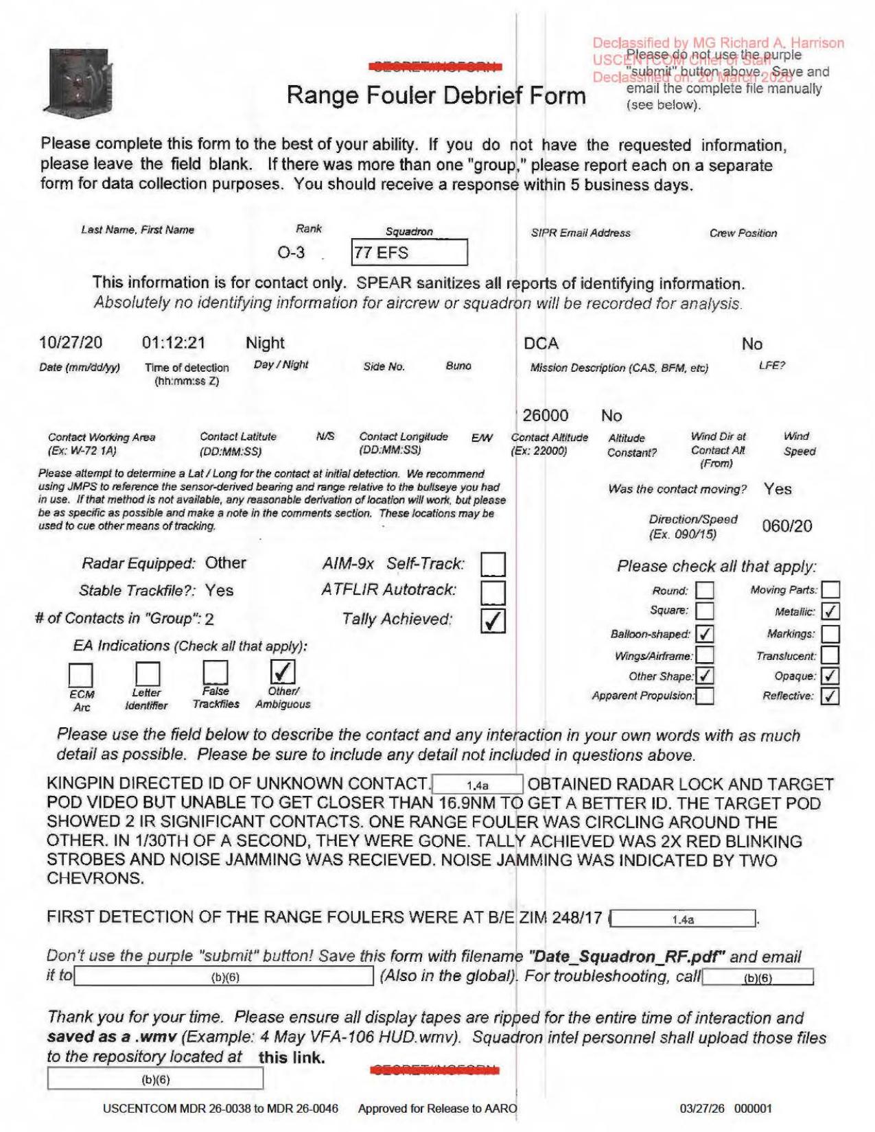 Derived page render from the official D58 PDF: Range Fouler Debrief form page 1