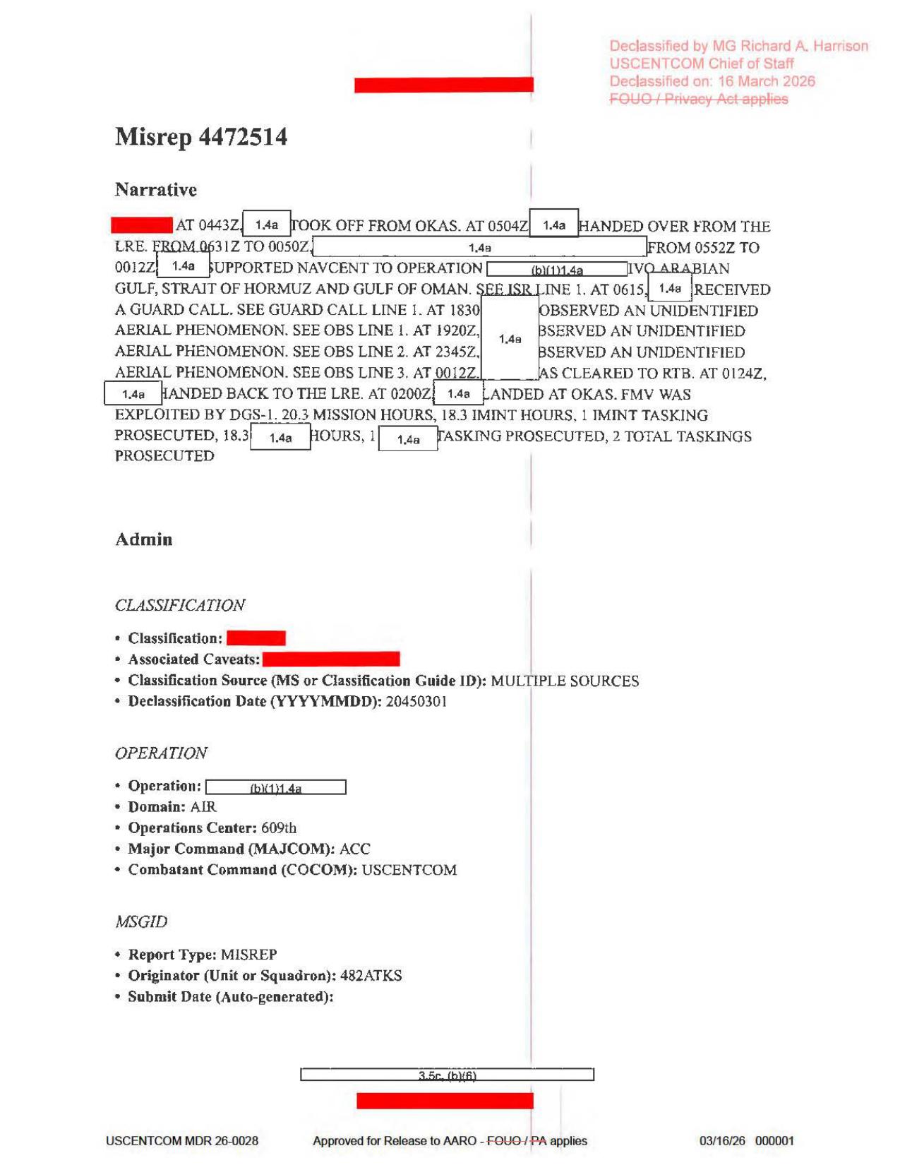 Official PDF page 1: mission narrative and three UAP observation-line references