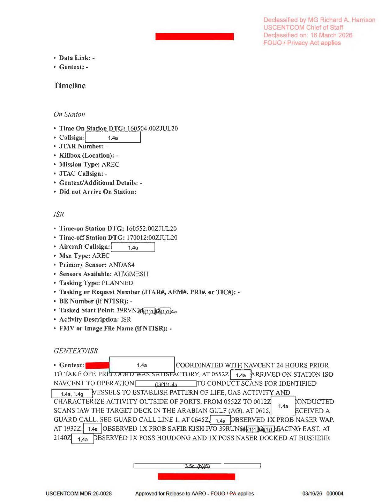 Official PDF page 4: ISR tasking and NAVCENT vessel-context narrative