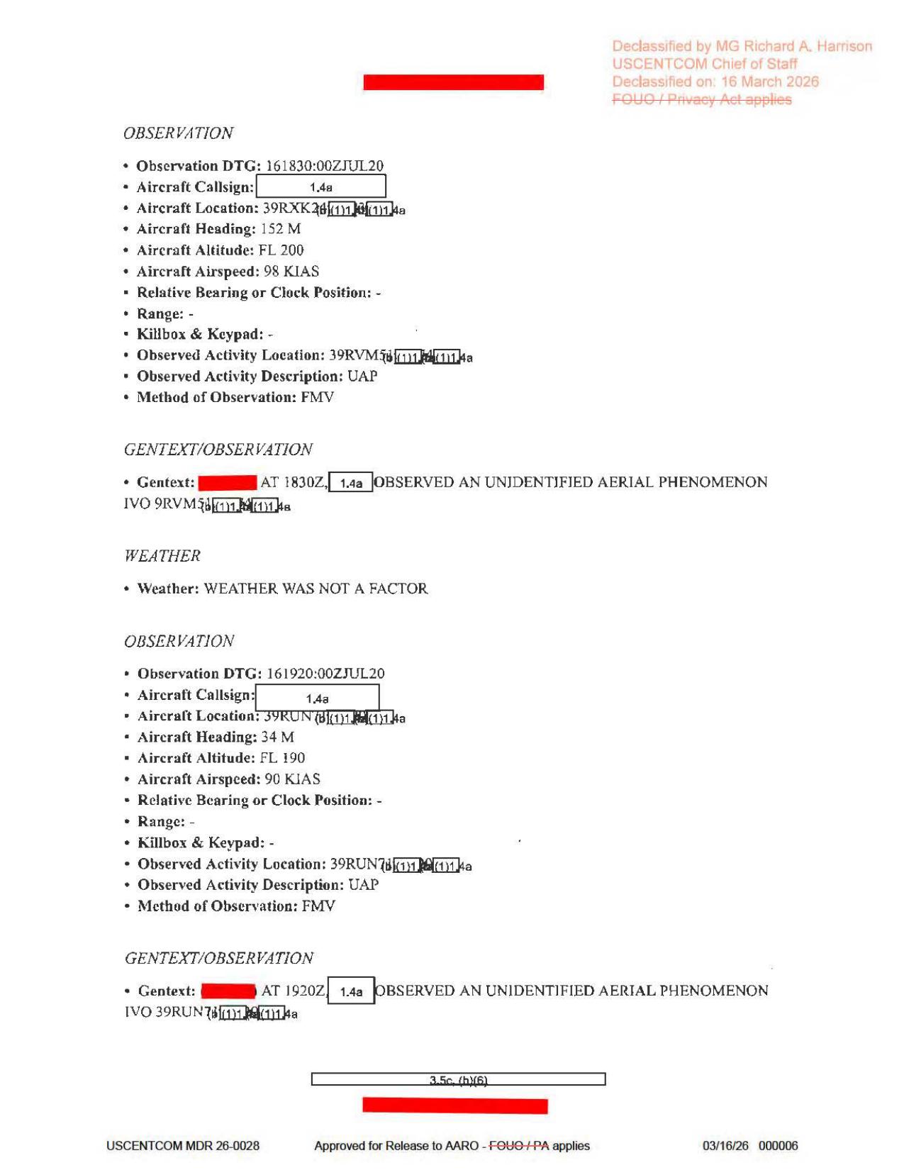 Official PDF page 6: first and second UAP observation blocks