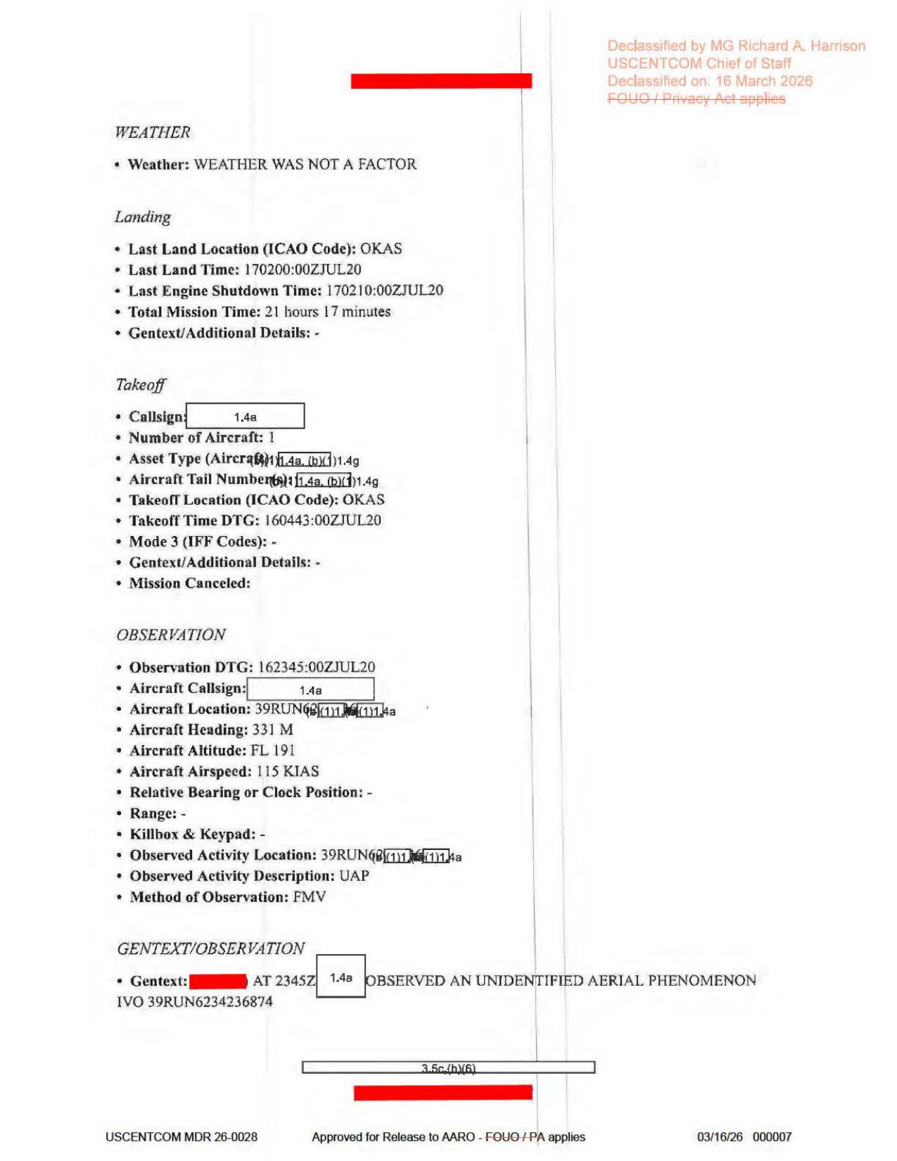 Official PDF page 7: landing/takeoff recap and third UAP observation block