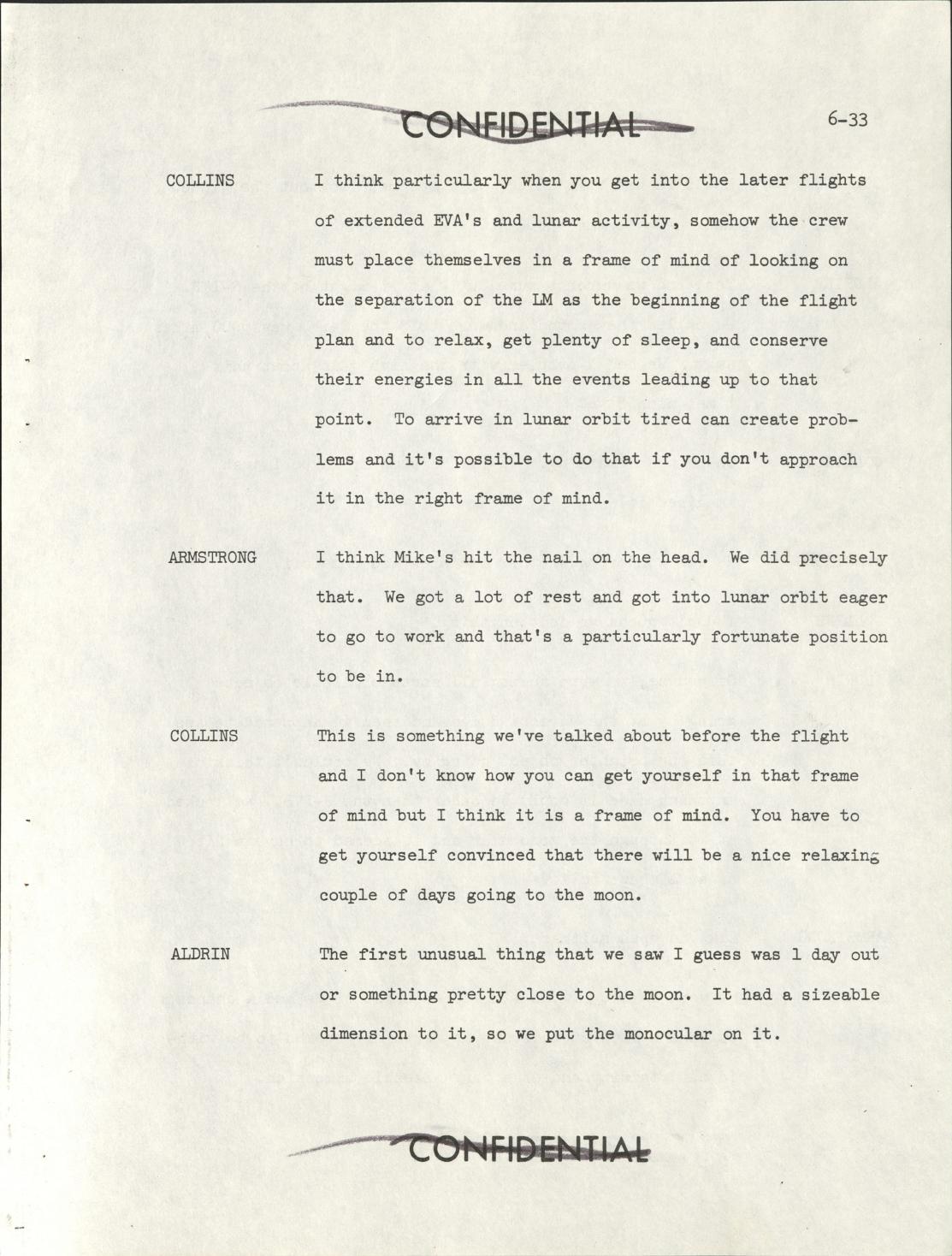 Derived official-PDF page render: Apollo 11 debriefing page 6-33 opening the outbound-object discussion