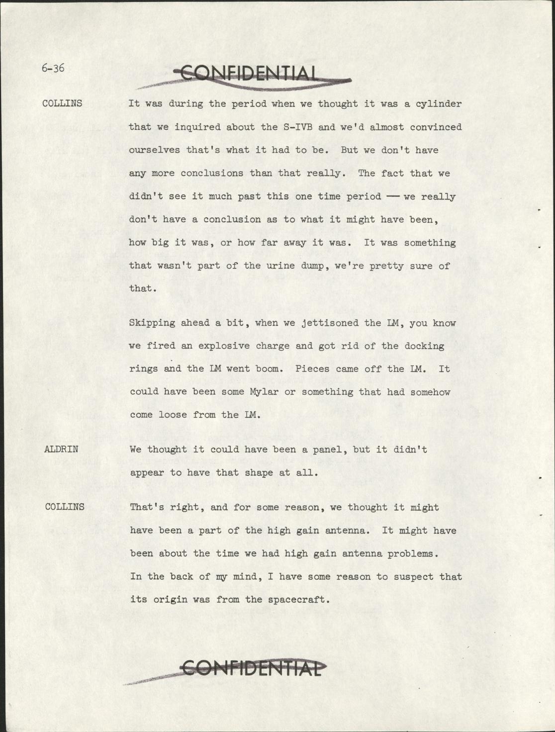 Derived official-PDF page render: Apollo 11 debriefing page 6-36 with S-IVB and spacecraft-origin discussion