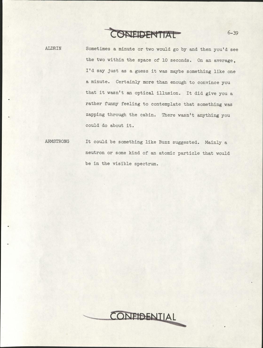 Derived official-PDF page render: Apollo 11 debriefing page 6-39 with cabin-flash particle discussion
