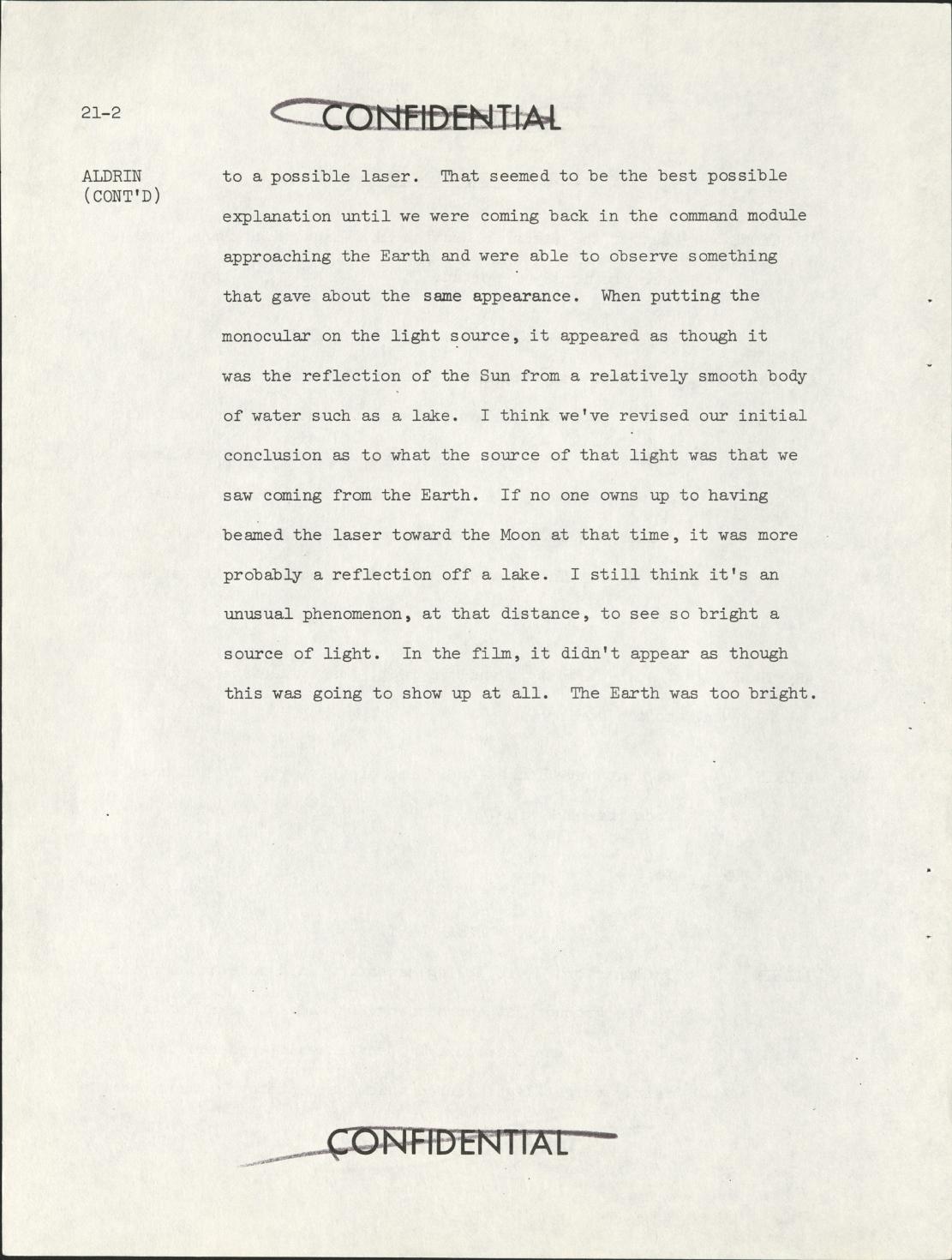 Derived official-PDF page render: Apollo 11 debriefing page 21-2 with laser/lake-reflection discussion