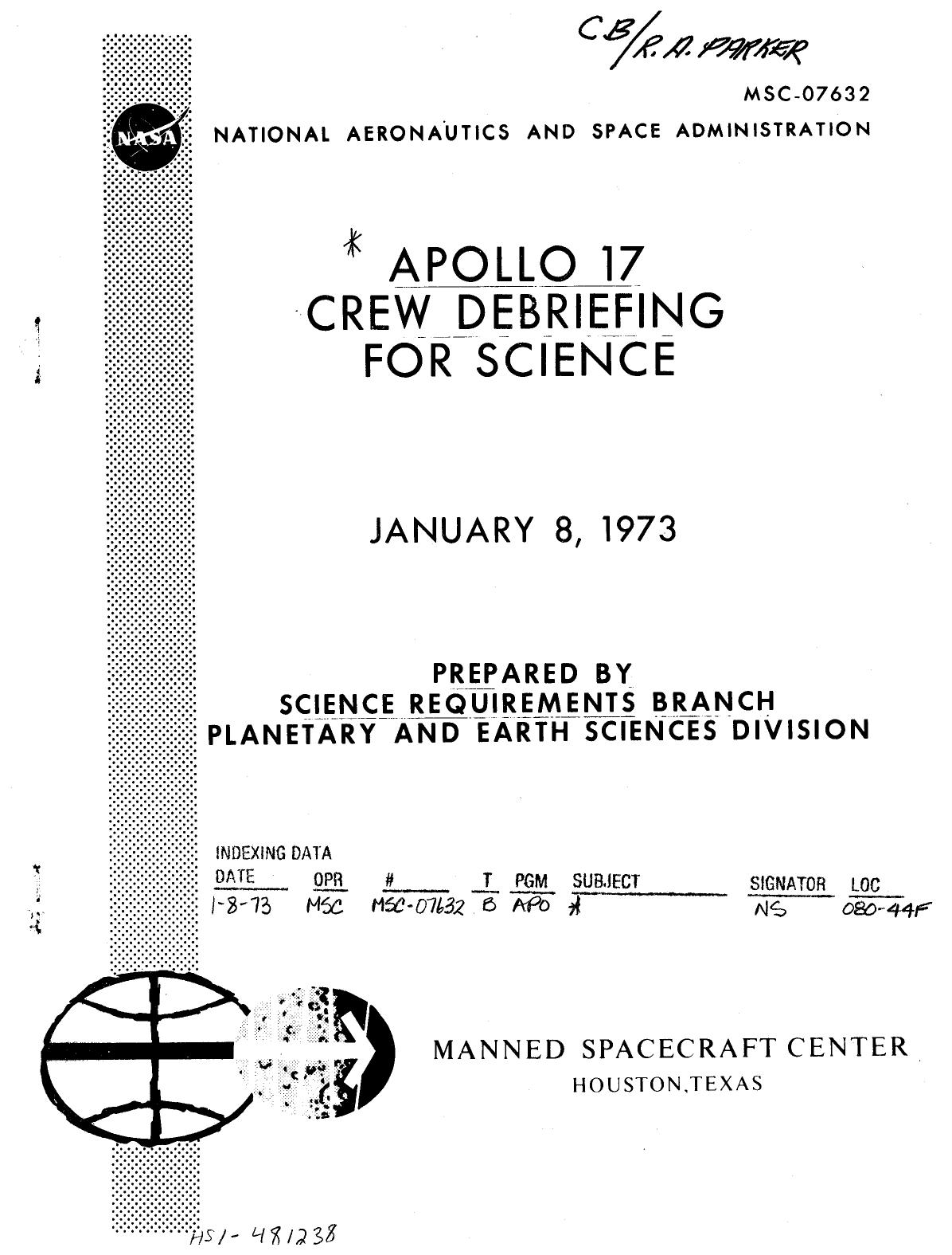 Derived page render from official PDF: NASA cover/indexing page for Apollo 17 Crew Debriefing for Science