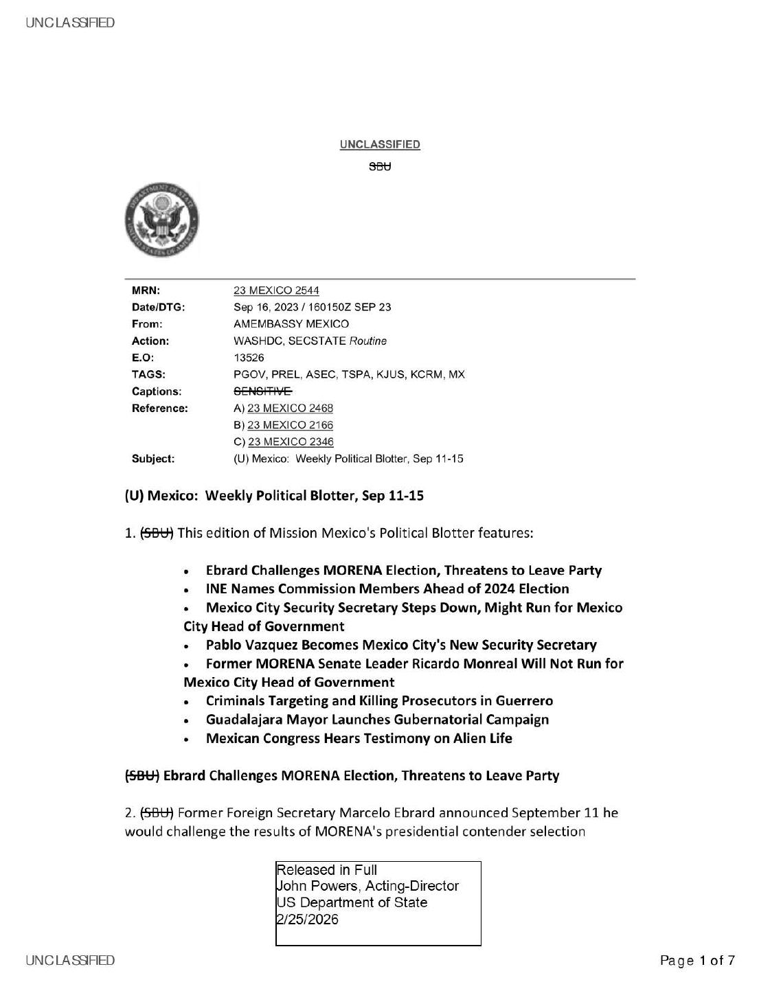 Derived page render from the official PDF: page 1 cable provenance fields and political-blotter contents