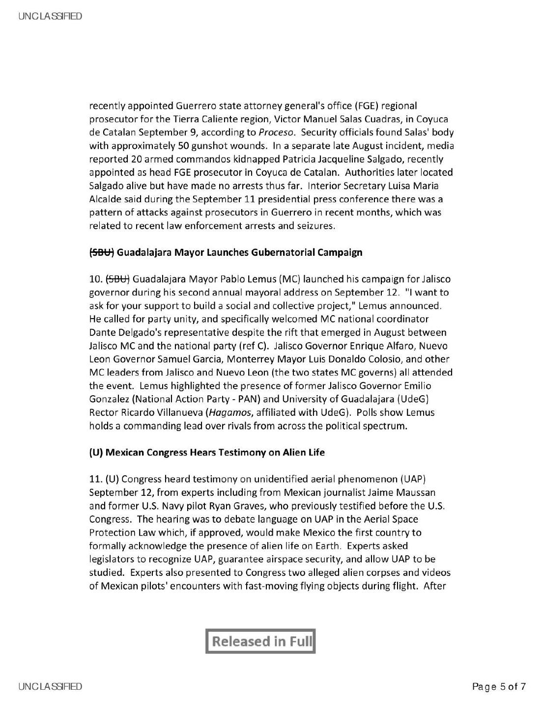 Derived page render from the official PDF: page 5 starts the Mexican Congress UAP-hearing item