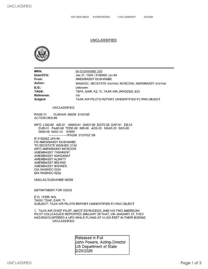 State Department UAP Cable 2, Kazakhstan, January 31, 1994 thumbnail