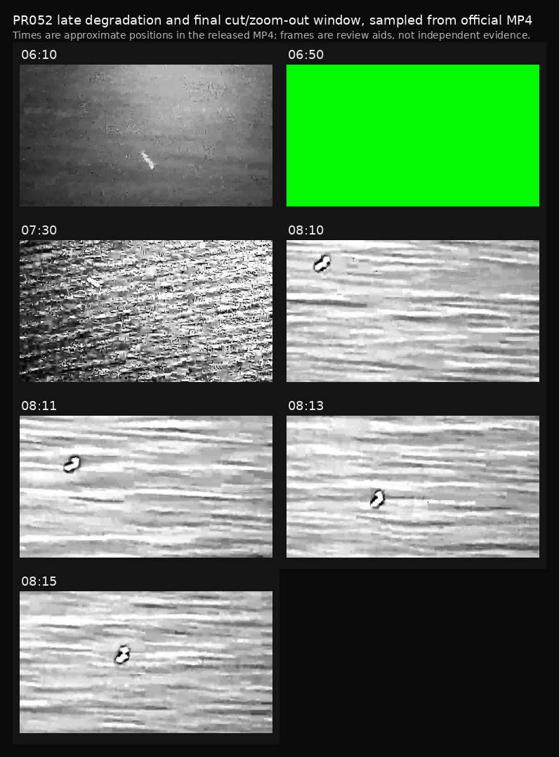 Late degradation and final cut/zoom-out samples from the official PR052 MP4