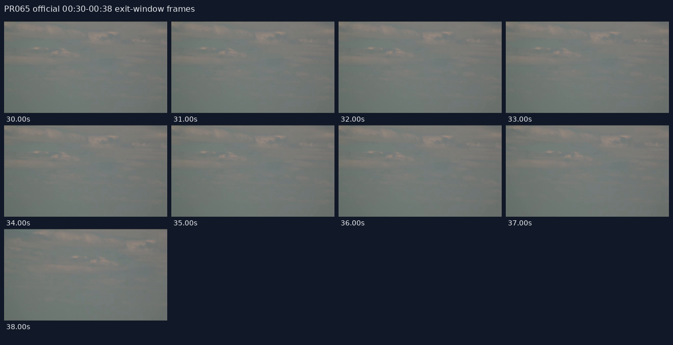 PR065 official exit-window full-frame samples