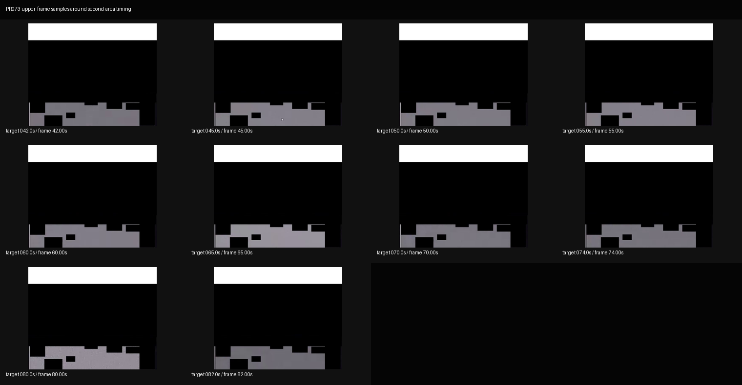 PR073 upper-frame samples around source-described second-area timing